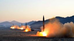 TOPSHOT - This undated picture released by North Korea's Korean Central News Agency (KCNA) via KNS on March 7, 2017 shows the launch of four ballistic missiles by the Korean People's Army (KPA) during a military drill at an undisclosed location in North Korea.Nuclear-armed North Korea launched four ballistic missiles on March 6 in another challenge to President Donald Trump, with three landing provocatively close to America's ally Japan. / AFP PHOTO / KCNA VIA KNS / STR / South Korea OUT / REPUBLIC OF KOREA OUT   ---EDITORS NOTE--- RESTRICTED TO EDITORIAL USE - MANDATORY CREDIT "AFP PHOTO/KCNA VIA KNS" - NO MARKETING NO ADVERTISING CAMPAIGNS - DISTRIBUTED AS A SERVICE TO CLIENTSTHIS PICTURE WAS MADE AVAILABLE BY A THIRD PARTY. AFP CAN NOT INDEPENDENTLY VERIFY THE AUTHENTICITY, LOCATION, DATE AND CONTENT OF THIS IMAGE. THIS PHOTO IS DISTRIBUTED EXACTLY AS RECEIVED BY AFP.  /         (Photo credit should read STR/AFP/Getty Images)