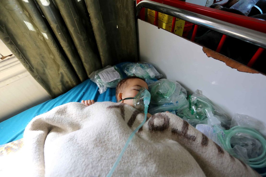 A child receives treatment Tuesday at an Idlib province hospital after a suspected chemical attack. 