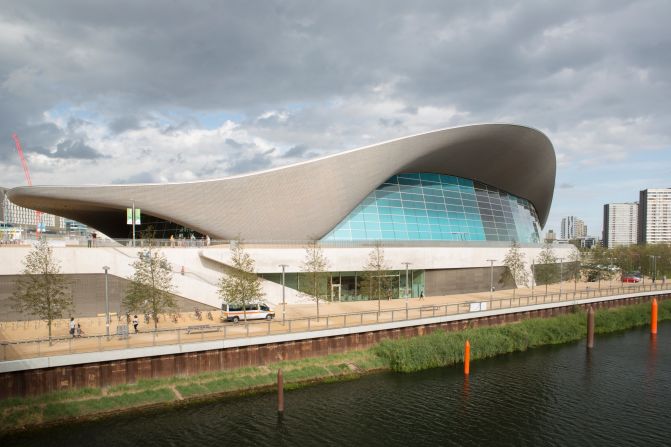 <a href="index.php?page=&url=http%3A%2F%2Fwww.londonaquaticscentre.org%2F" target="_blank" target="_blank">The London Aquatics Centre</a>, designed by Zaha Hadid Architects, has a 11,200-square-foot steel roof in the shape of a wave. Two colossal glass walls maximumize natural light inside and offer views of the Olympic Park. 