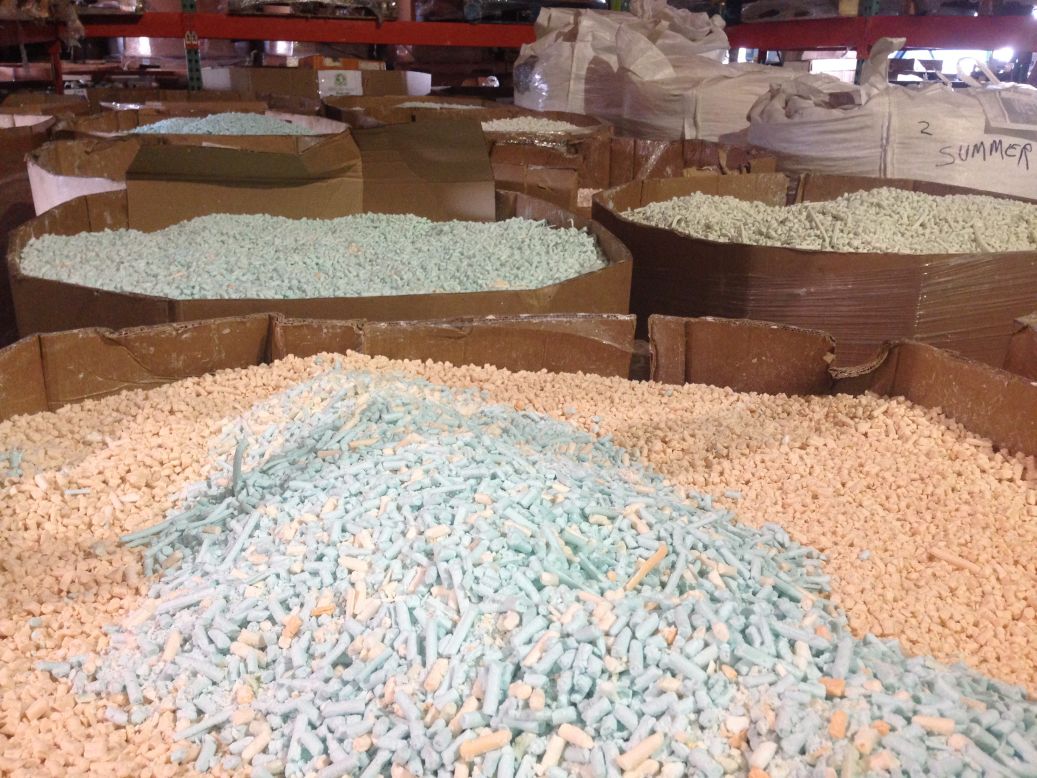 Piles of soap "noodles" - recycled soap awaiting pressing into its final bar form - at Clean the World's Orlando, Florida facility.