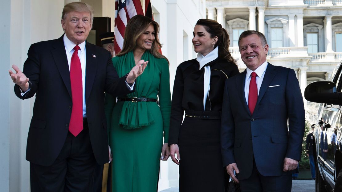 US President Donald Trump and first lady Melania Trump welcome Jordan's Queen Rania and King Abdullah II outside the West Wing of the White House in April 2017.