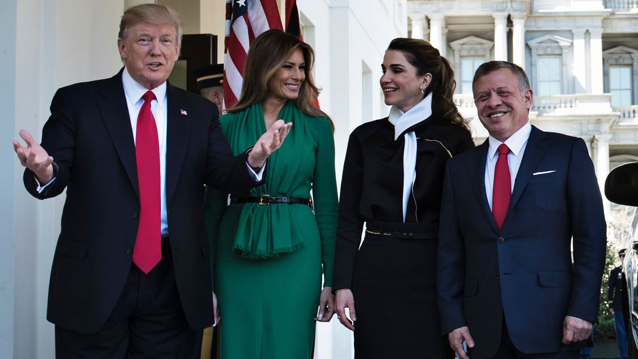 US President Donald Trump and first lady Melania Trump welcome Jordan's Queen Rania and King Abdullah II outside the West Wing of the White House in April 2017.