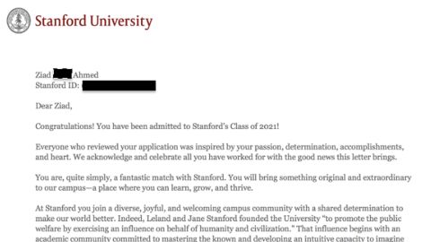 Ahmed's acceptance letter.