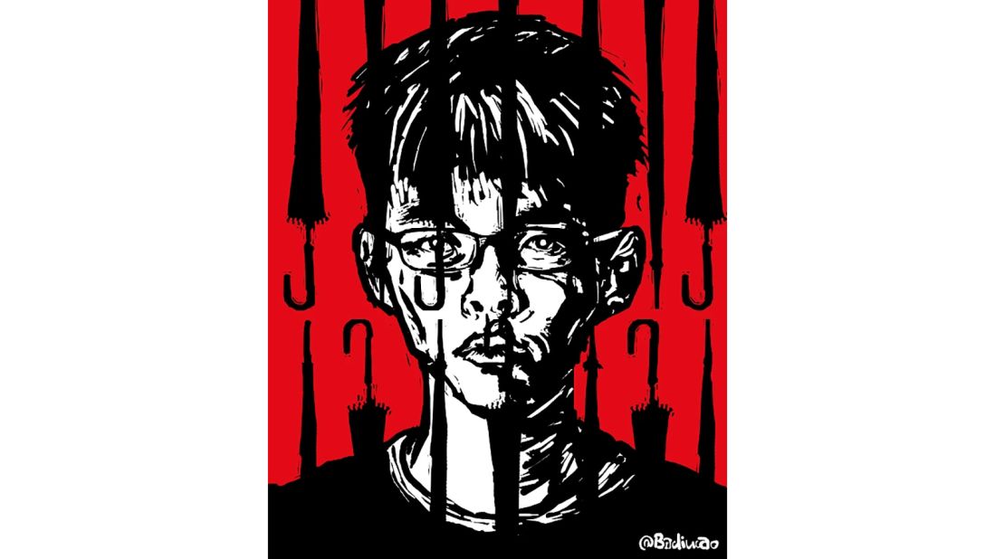 "Prisoner of Umbrella": This cartoon features Hong Kong pro-democracy activist Joshua Wong, who was <a href="http://chinadigitaltimes.net/2016/10/badiucao-%E5%B7%B4%E4%B8%A2%E8%8D%89-joshua-wong-detained-thailand/" target="_blank" target="_blank">detained in Thailand in October 2016</a>.