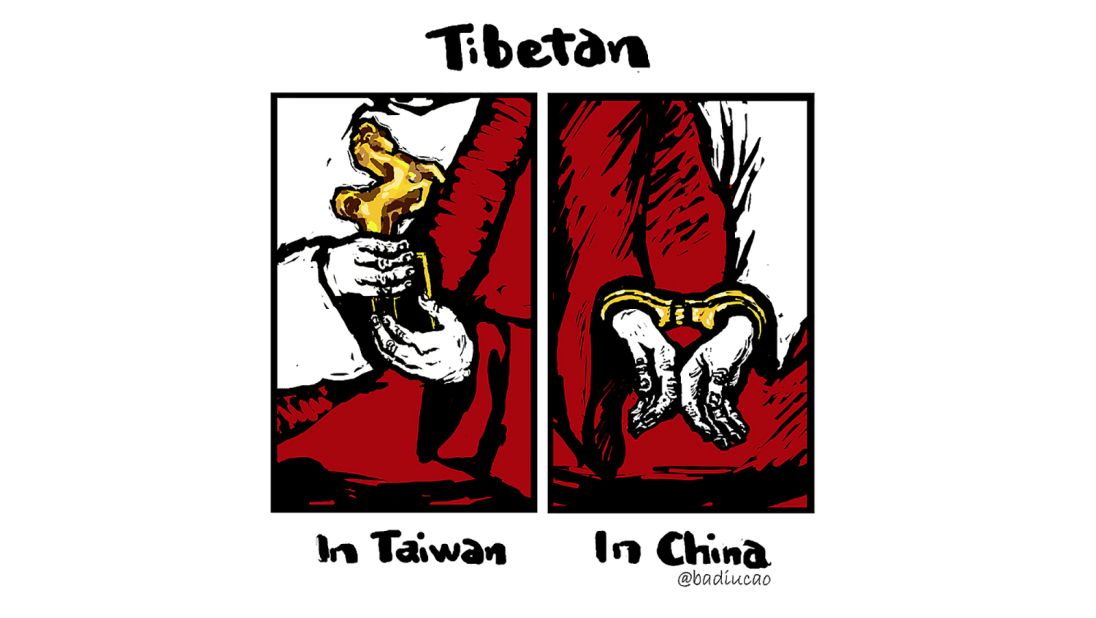 "Golden Trophy": This June 2016 cartoon comments on the levels of freedom for Tibetan Buddhists in Taiwan and mainland China. 