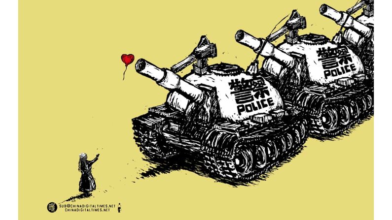 "Daily Patrol": Ahead of the 25th anniversary of the Tiananmen Square massacre on June 4, 2014, Badiucao drew this cartoon about increased police patrols in major Chinese cities, <a href="index.php?page=&url=http%3A%2F%2Fwww.upworthy.com%2Fbanksy-has-updated-his-famous-the-girl-with-the-balloon-artwork-to-stand-with-syria-5" target="_blank" target="_blank">drawing on a famous Banksy image</a>. 