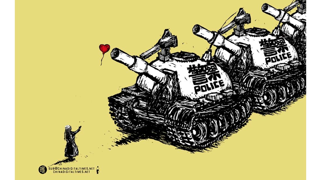 "Daily Patrol": Ahead of the 25th anniversary of the Tiananmen Square massacre on June 4, 2014, Badiucao drew this cartoon about increased police patrols in major Chinese cities, <a href="http://www.upworthy.com/banksy-has-updated-his-famous-the-girl-with-the-balloon-artwork-to-stand-with-syria-5" target="_blank" target="_blank">drawing on a famous Banksy image</a>. 