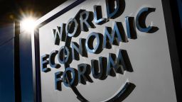 A sign of the World Economic Forum, is seen on the closing day of the forum, on January 20, 2017 in Davos. / AFP / FABRICE COFFRINI        (Photo credit should read FABRICE COFFRINI/AFP/Getty Images)