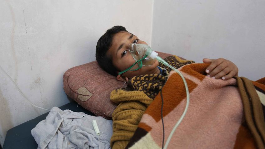 IDLIB, SYRIA - APRIL 05: A chemical gas attack survivor 9-years-old boy, Hassan Dallal, receives medical treatment at an hospital Maarrat al-Nu'man Town of Idlib, Syria on April 05, 2017. On Tuesday more than 100 civilians had been killed and 500 others, mostly children, injured in Assad Regime's suspected chlorine gas attack carried out by  warplanes in the town of Khan Shaykun, Idlib province. (Photo by Mohammed Karkas/Anadolu Agency/Getty Images)