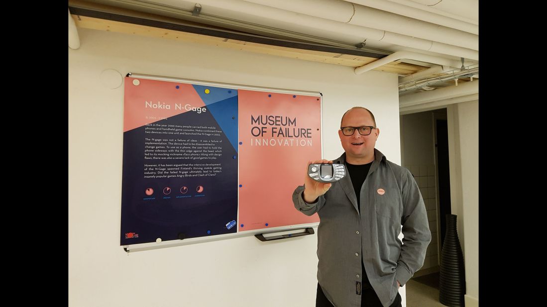 Samuel West, the brains behind the Museum of Failure, with the Nokia N-Gage, a hybrid mobile phone game system launched in 2003 and considered an innovation failure.