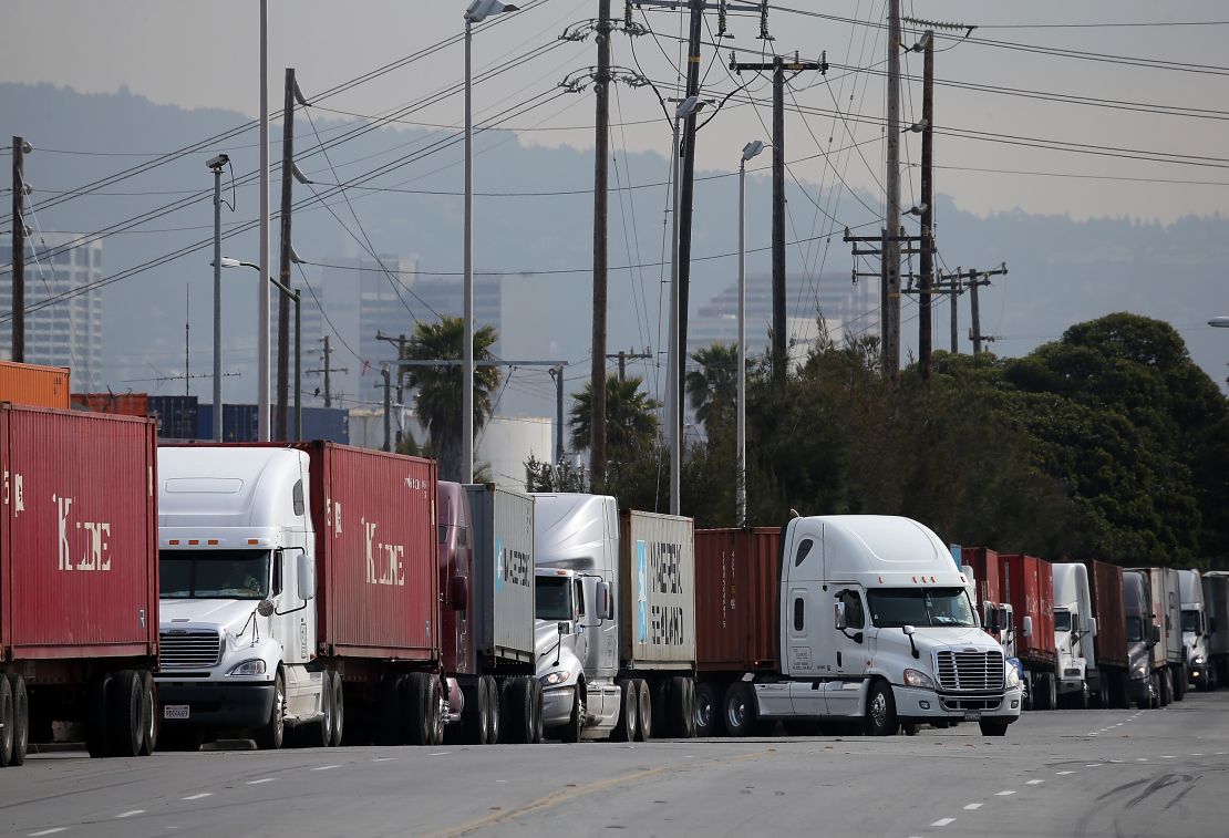 Trucks line up to make deliveries in Oakland, California.