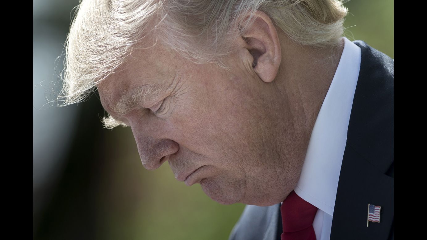 US President Donald Trump pauses during a White House news conference on Wednesday, April 5. <a href="http://www.cnn.com/2017/04/05/politics/trump-syria-comments-response/" target="_blank">Trump spoke about a suspected chemical attack in Syria,</a> blaming Syrian President Bashar al-Assad and saying it had "crossed a lot of lines for me."