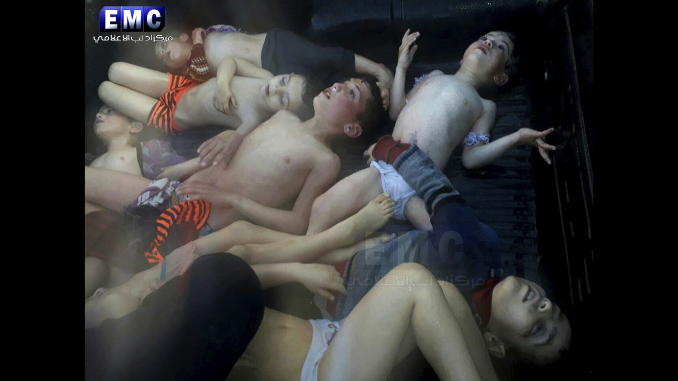 This photo, provided Tuesday, April 4, by the activist Idlib Media Center, shows dead children after <a href="http://www.cnn.com/2017/04/04/middleeast/gallery/syria-suspected-chemical-attack/index.html" target="_blank">a suspected chemical attack</a> in the rebel-held city of Khan Sheikhoun, Syria. Dozens of people were killed, according to multiple activist groups.