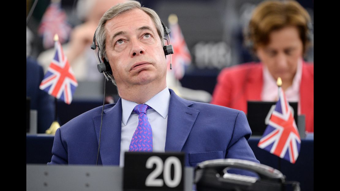 Nigel Farage, former leader of the UK Independence Party, listens to speeches at the European Parliament on Wednesday, April 5. The parliament was debating "Brexit" -- the UK's decision to leave the European Union.