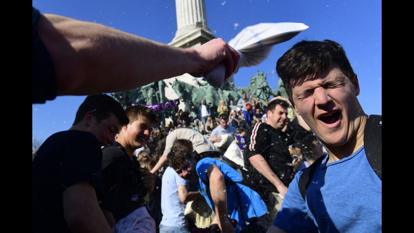 Young people in Budapest, Hungary, celebrate International Pillow Fight Day on Saturday, April 1. 