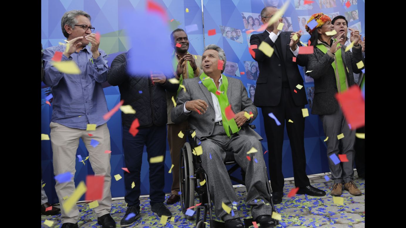 Ecuadorian President-elect Lenin Moreno, in the wheelchair, celebrates his electoral victory on Tuesday, April 4. The leftist candidate <a href="http://www.cnn.com/2017/04/03/americas/ecuador-national-elections/" target="_blank">narrowly defeated</a> conservative opponent Guillermo Lasso.