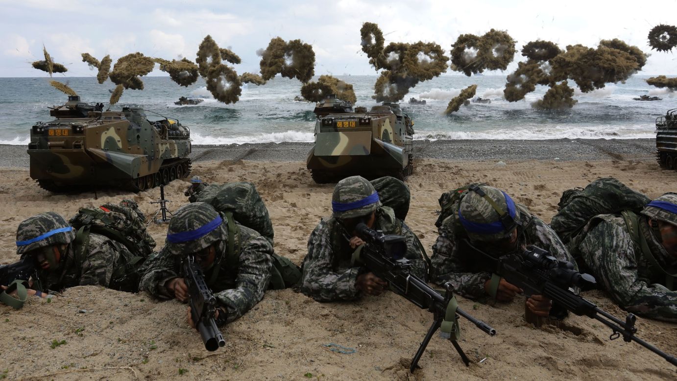 South Korean Marines participate in a military exercise on the Pohang seashore on Sunday, April 2. It was part of Foal Eagle, a joint military exercise with US troops.