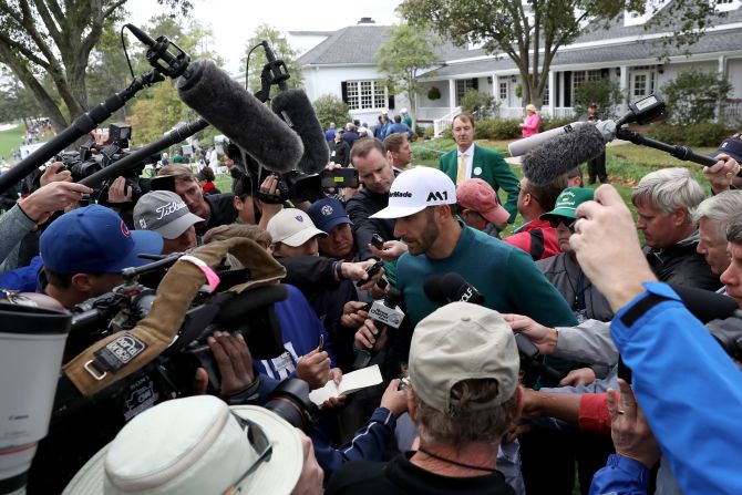 Dustin Johnson, the world's No. 1 player, talks to the media after withdrawing from the tournament on Thursday. Johnson <a href="index.php?page=&url=http%3A%2F%2Fedition.cnn.com%2F2017%2F04%2F05%2Fgolf%2Fdustin-johnson-injures-back-ahead-of-masters%2Findex.html" target="_blank">hurt his back Wednesday</a> after falling down a staircase.