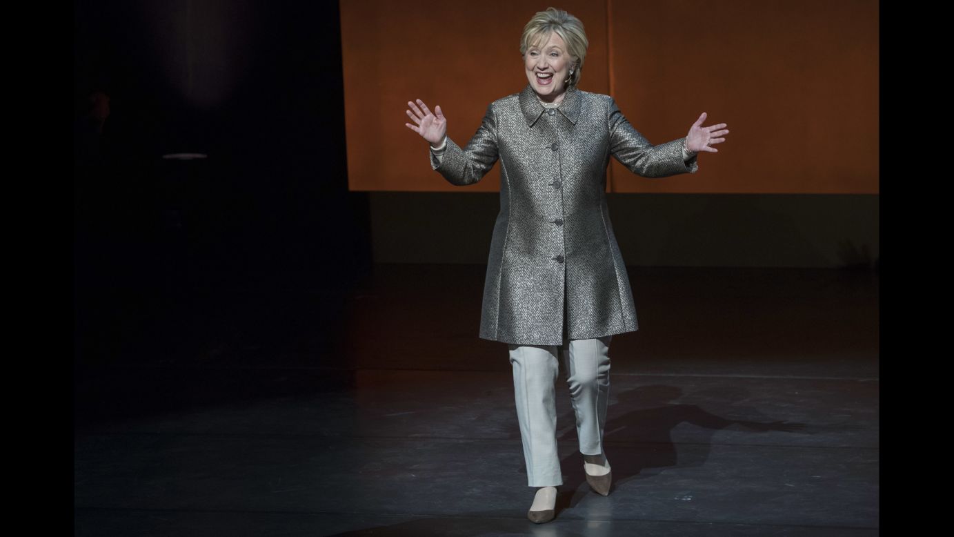Hillary Clinton arrives for an on-stage interview at the "Women in the World" summit in New York on Thursday, April 6. It was <a href="http://www.cnn.com/2017/04/06/politics/hillary-clinton-russian-election-meddling/" target="_blank">her first public interview</a> since losing the presidential election to Donald Trump. 