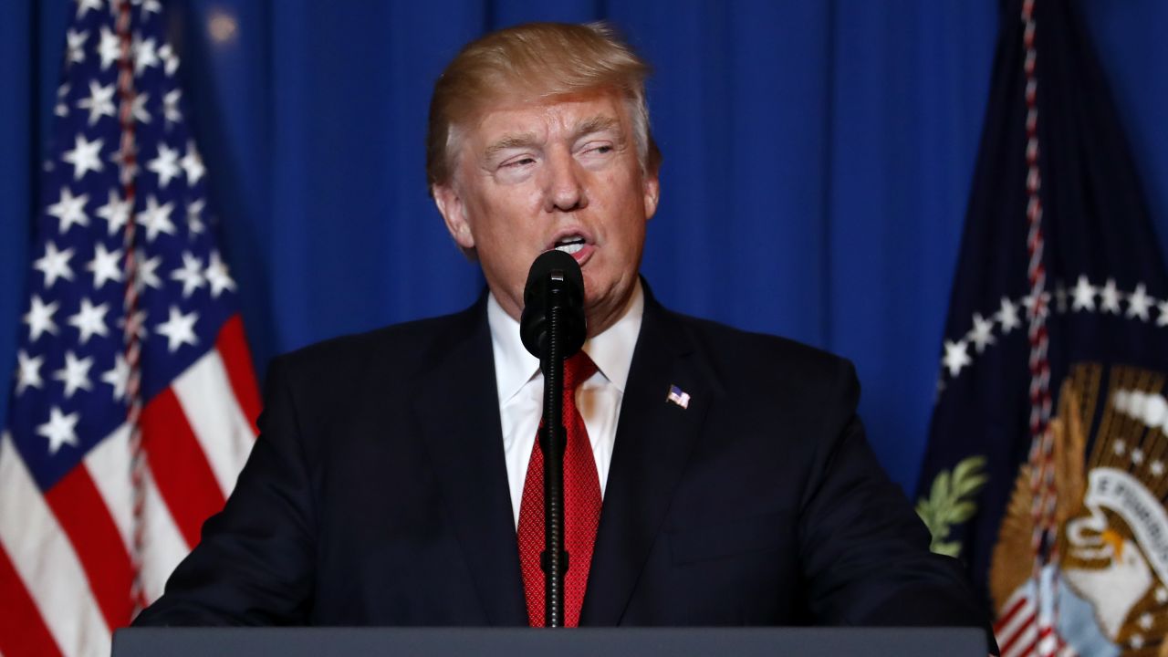 President Donald Trump speaks at Mar-a-Lago in Palm Beach, Fla., Thursday, April 6, 2017, after the U.S. fired a barrage of cruise missiles into Syria Thursday night in retaliation for this week's gruesome chemical weapons attack against civilians. (AP Photo/Alex Brandon)