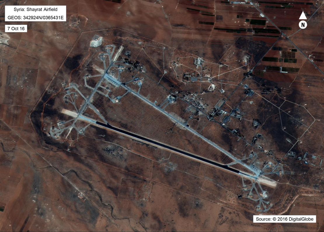 A satellite photograph shows the target of the US airstrike -- Al Shayrat airfield in Syria.