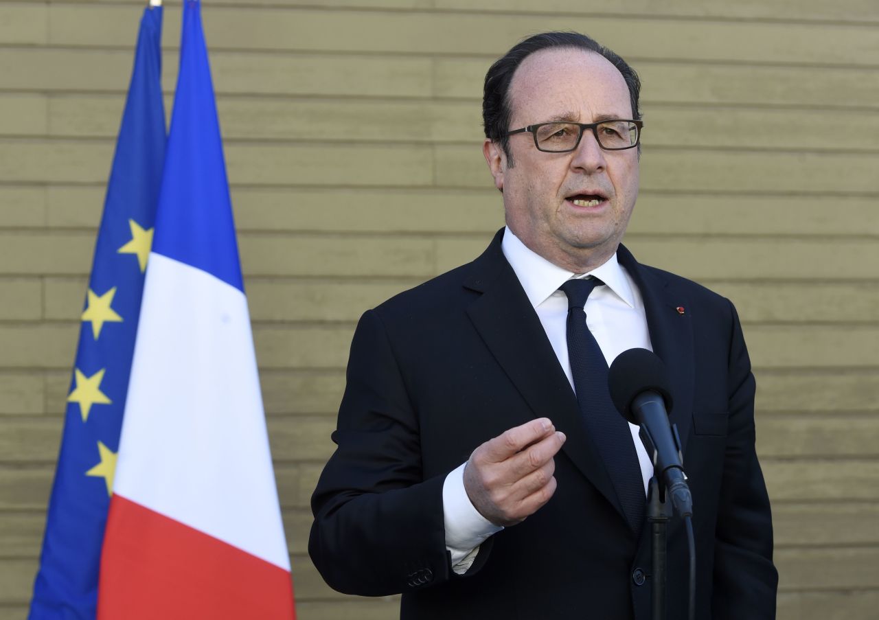 French President Francois Hollande delivers a speech in Annonay, France, about the situation in Syria. United Nations action is required to address the conflict in Syria and to prevent the use of chemical weapons, he said, adding that he hopes negotiations might still lead to a peaceful transition.
