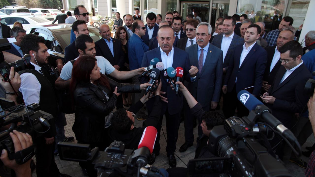 Turkish Foreign Minister Mevlut Cavusoglu speaks to the media in Antalya, Turkey. He welcomed Friday's US airstrike on Syria, according to a statement.