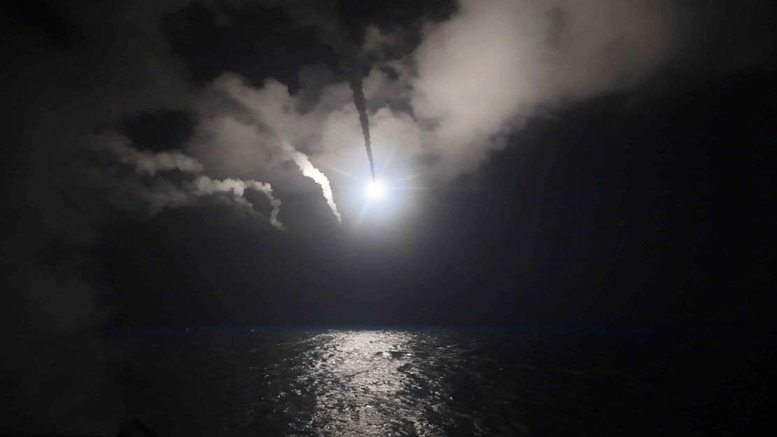 The guided-missile destroyer USS Porter fires a Tomahawk land attack missile from the Mediterranean.