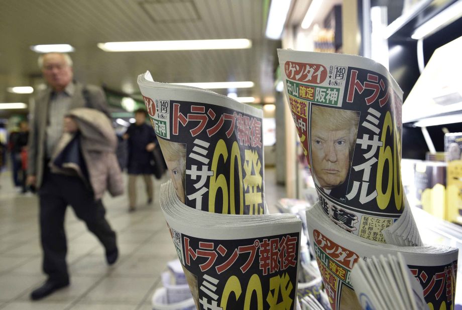 Copies of the Japanese daily newspaper Nikkan Gendai at a railway station in Tokyo show pictures of President Trump.