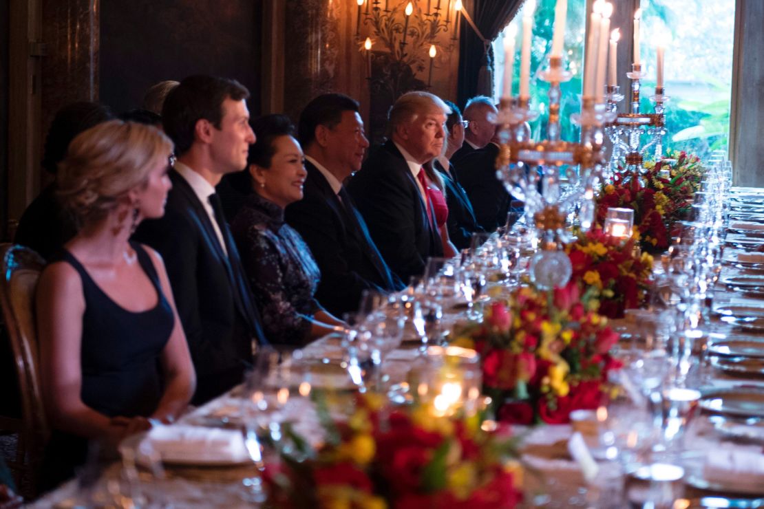 US President Donald Trump and Chinese President Xi Jinping look on during dinner at the Mar-a-Lago estate in West Palm Beach, Florida, on April 6, 2017.