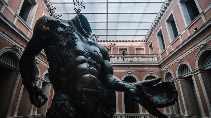 VENICE, ITALY - APRIL 06:  A sculpture from the Damien Hirst's exhibition 'Treasures From The Wreck Of The Unbelievable' is seen at Palazzo Grassi on April 6, 2017 in Venice, Italy. Damien Hirst is back with a new exhibition in the city of Venice which will open on April 9th.  (Photo by Awakening/Getty Images)