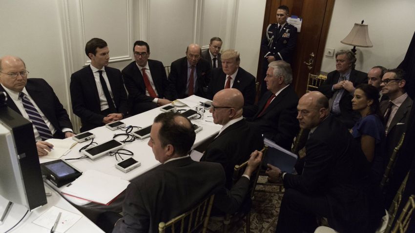 President Donald Trump receives a briefing on a military strike in Syria on April 6, 2017.