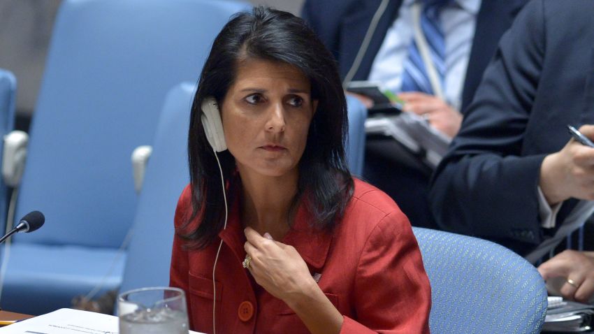 US Ambassador to the UN and UN security council president, Nikki Haley listens during an United Nations Security Council meeting on Syria, at the UN headquarters in New York on April 7, 2017. / AFP PHOTO / Jewel SAMAD        (Photo credit should read JEWEL SAMAD/AFP/Getty Images)