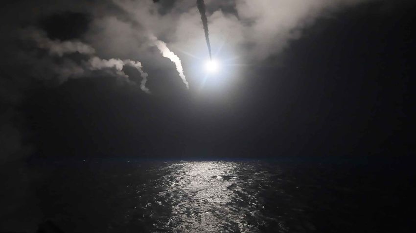 MEDITERRANEAN SEA - APRIL 7:  In this handout provided by the U.S. Navy,The guided-missile destroyer USS Porter fires a Tomahawk land attack missile on April 7, 2017 in the Mediterranean Sea. The USS Porter was one of two destroyers that fired a total of 59 cruise missiles at a Syrian military airfield in retaliation for a chemical attack that killed scores of civilians this week. The attack was the first direct U.S. assault on Syria and the government of President Bashar al-Assad in the six-year war there.  (Photo by Ford Williams/U.S. Navy via Getty Images)