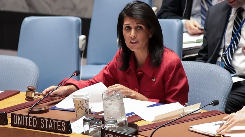 NEW YORK, NY - APRIL 7: U.S. Ambassador to the United Nations Nikki Haley chairs a meeting of the United Nations Security Council concerning the situation in Syria, at UN headquarters, April 7, 2017 in New York City. On Thursday night, the United States launched airstrikes directed at Syrian government air bases in response to the chemical attack earlier in the week. (Photo by Drew Angerer/Getty Images)