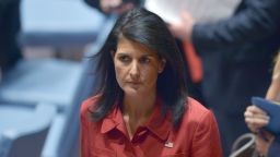 US Ambassador to UN and current UN security council president, Nikki Haley leaves after presiding a United Nations Security Council meeting on Syria, at the UN headquarters in New York on April 7, 2017. / AFP PHOTO / Jewel SAMAD        (Photo credit should read JEWEL SAMAD/AFP/Getty Images)