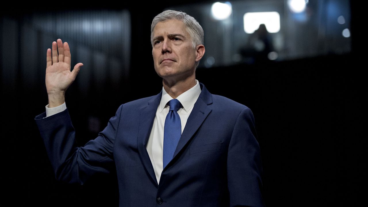 Neil Gorsuch, U.S. Supreme Court nominee for U.S. President Donald Trump, is sworn in during a Senate Judiciary Committee confirmation hearing in Washington, D.C., U.S., on Monday, March 20, 2017. Gorsuch goes before a Senate committee as a heavy favorite, given Republican control, to win confirmation to a lifetime seat on the nations highest court. Photographer: Andrew Harrer/Bloomberg via Getty Images