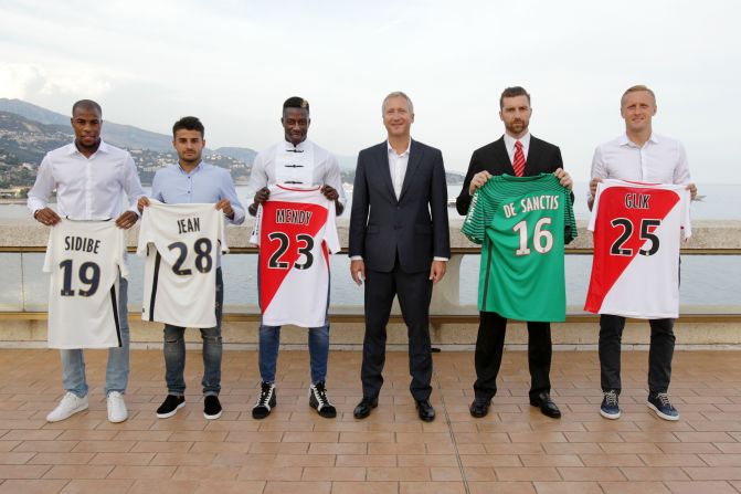 Vasilyev (C) is pictured with Monaco players Djibril Sidibe, Corentin Jean (currently on loan at Toulouse), Benjamin Mendy, Morgan de Sanctis and Kamil Glik.