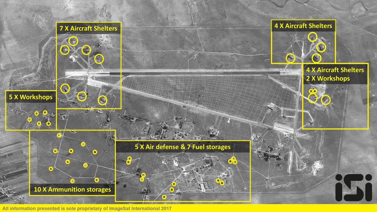 A satellite photo of the Shayrat air base after the US missile strikes.