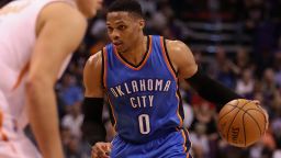 PHOENIX, AZ - APRIL 07:  Russell Westbrook #0 of the Oklahoma City Thunder handles the ball during the first half of the NBA game against the Phoenix Suns at Talking Stick Resort Arena on April 7, 2017 in Phoenix, Arizona.  NOTE TO USER: User expressly acknowledges and agrees that, by downloading and or using this photograph, User is consenting to the terms and conditions of the Getty Images License Agreement.  (Photo by Christian Petersen/Getty Images)