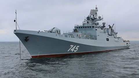 The Russian frigate, the Admiral Grigorovich. The ship, which is armed with cruise missiles, was reportedly entering the Mediterranean en route to a logistics site in Syria, Russian state media said.
