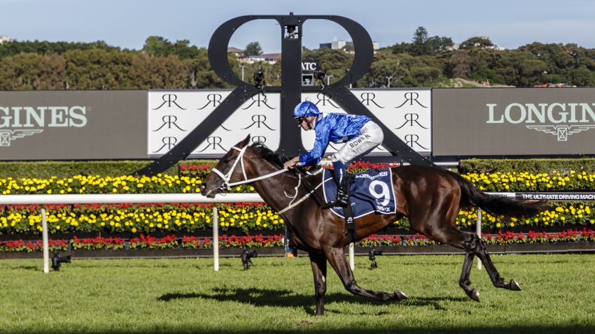 SYDNEY, NEW SOUTH WALES - APRIL 08: Winx and jockey Hugh Bowman cross the line to win the Queen Elizabeth Stakes at Royal Randwick Racecourse on April 8, 2017 in Sydney, Australia. (Photo by Brook Mitchell/Getty Images for The ATC)