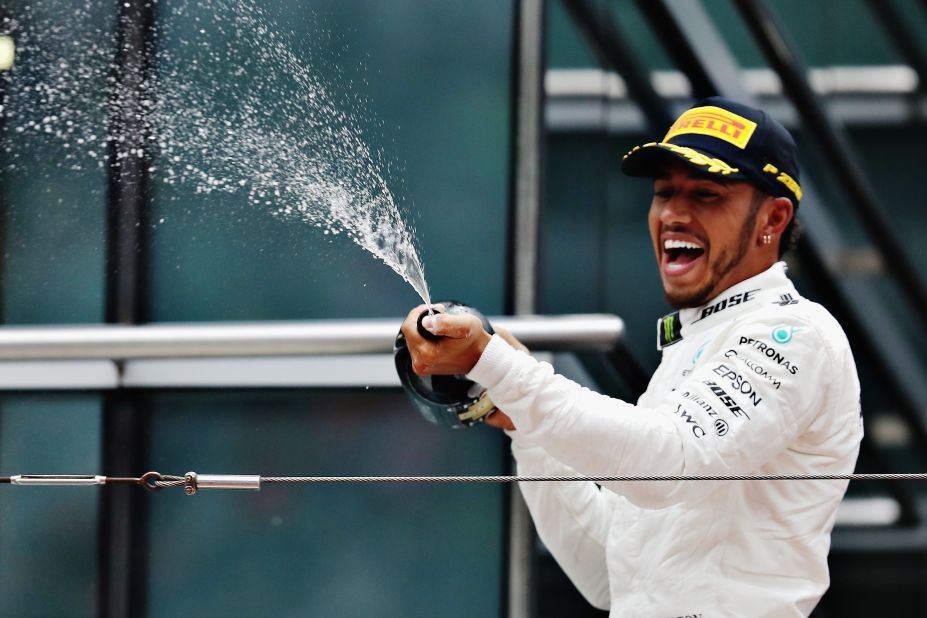 Lewis Hamilton celebrates after winning the 2017 Chinese Grand Prix.