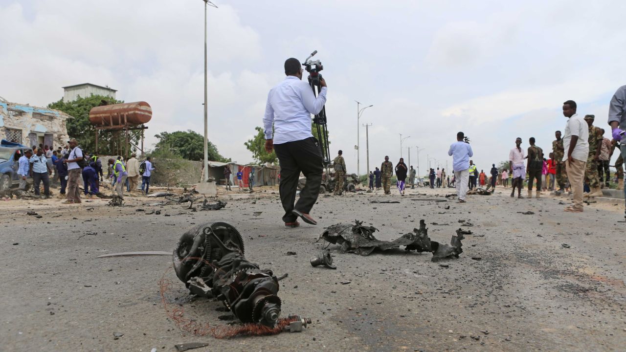 A transmission lies on the ground near the scene of the bombing. 
