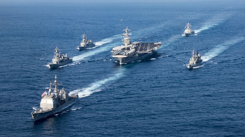 170328-N-FC674-142 
PHILIPPINE SEA (March 28, 2017) The Nimitz-class aircraft carrier USS Carl Vinson (CVN 70), the Arleigh Burke-class guided-missile destroyer USS Wayne E. Meyer (DDG 108) and the Ticonderoga-class guided-missile cruiser USS Lake Champlain (CG 57) participate in a photo exercise with Japan Maritime Self-Defense Force destroyers. The Carl Vinson Carrier Strike Group is on a western Pacific deployment as part of the U.S. Pacific Fleet-led initiative to extend the command and control functions of U.S. 3rd Fleet.(U.S. Navy photo by Mass Communication Specialist 3rd Class Kurtis A. Hatcher/Released)