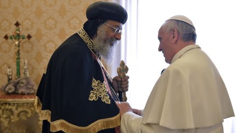 Pope Francis, right, welcomes Coptic Orthodox Church of Egypt Pope Tawadros II at the Vatican on May 10, 2013.