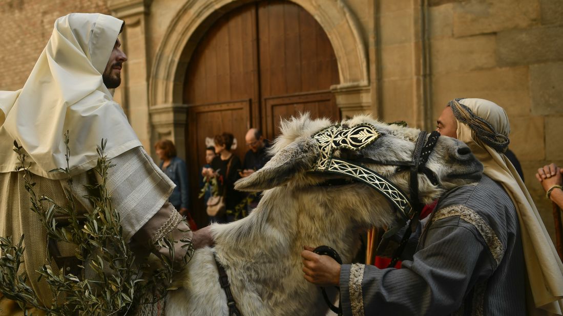 A donkey rests his head on a man's shoulder during a Palm Sunday procession in Pamplona, Spain.