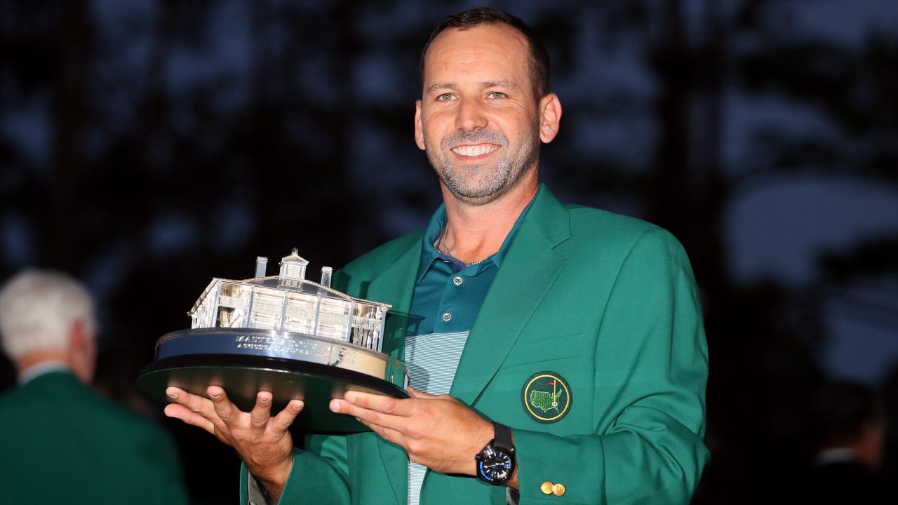 Sergio Garcia of Spain celebrates with the Masters Trophy during the Green Jacket ceremony after he won in a playoff during the final round of the 2017 Masters Tournament at Augusta National Golf Club on Sunday, April 9, in Augusta, Georgia.  