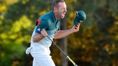 Sergio Garcia of Spain celebrates after defeating Justin Rose  of England on the first playoff hole 