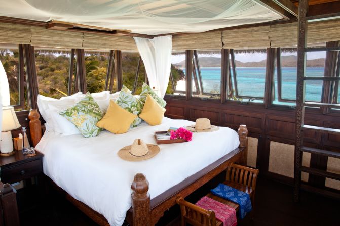 Rooms at Bali Hi, one of three Balinese-style homes on Necker Island, have stunning water views.